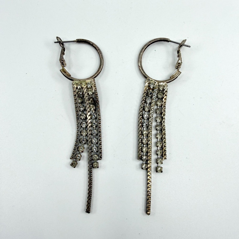 Silver Tone Fringe Hoop Earrings with Rhinestones - Vintage Glam Gift
